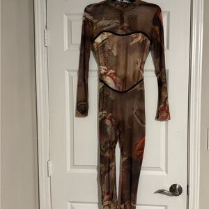 Elegant Brown Long-Sleeve Mesh Bodysuit